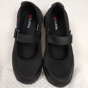 FitVille BreezeKnit Mary Jane Black Adjustable Strap Women's Size 10 Wide Shoes